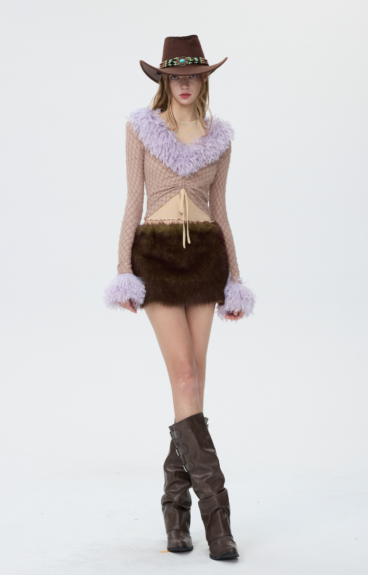FAUX-FUR LOW-RISE MINI SKIRT IN FOREST-MOSS BLEND