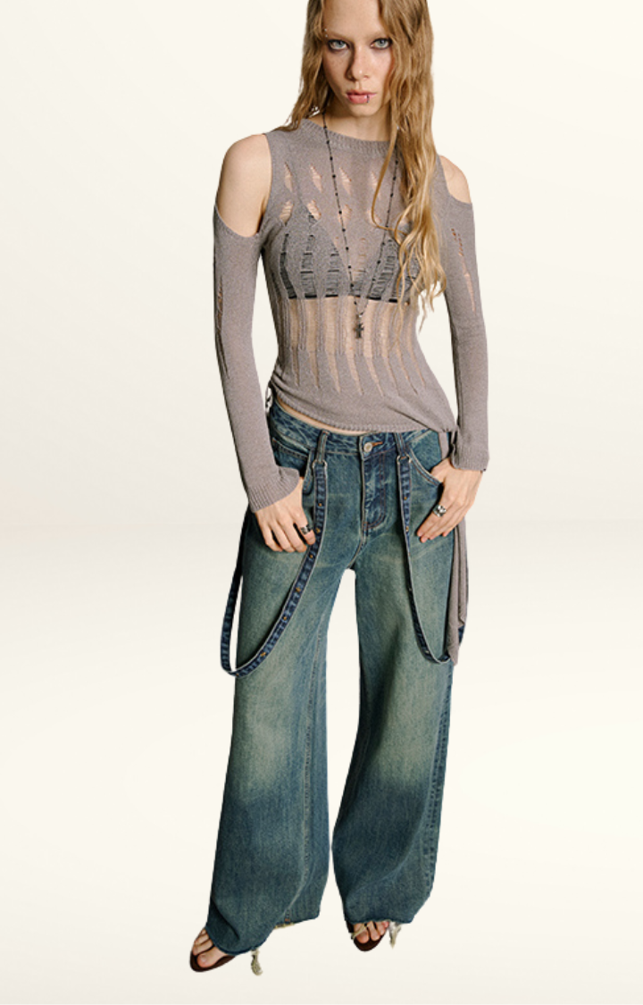 REBEL CHAIN WIDE-LEG JEANS IN FADED BLUE