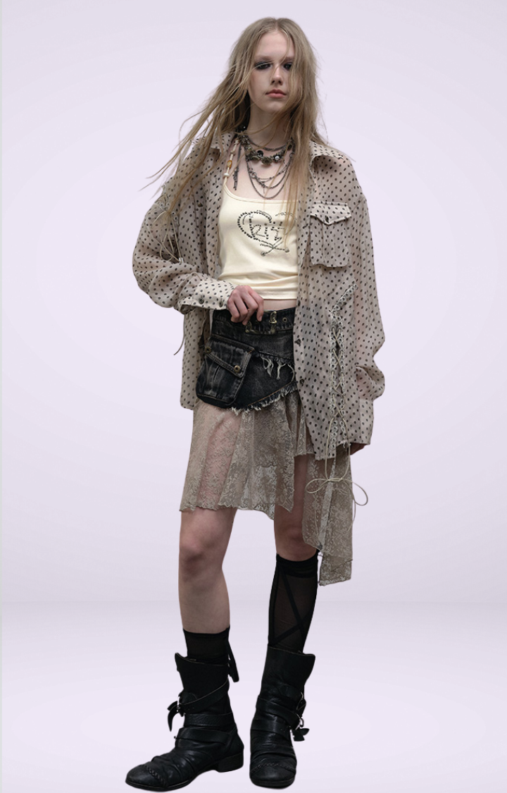 PATCHWORK LACE DISTRESSED DENIM SKIRT-PANTS IN WASHED BLACK