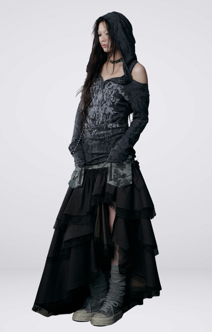SPLICED CARGO CAKE SKIRT IN DENIM BLACK & ARMY GREEN