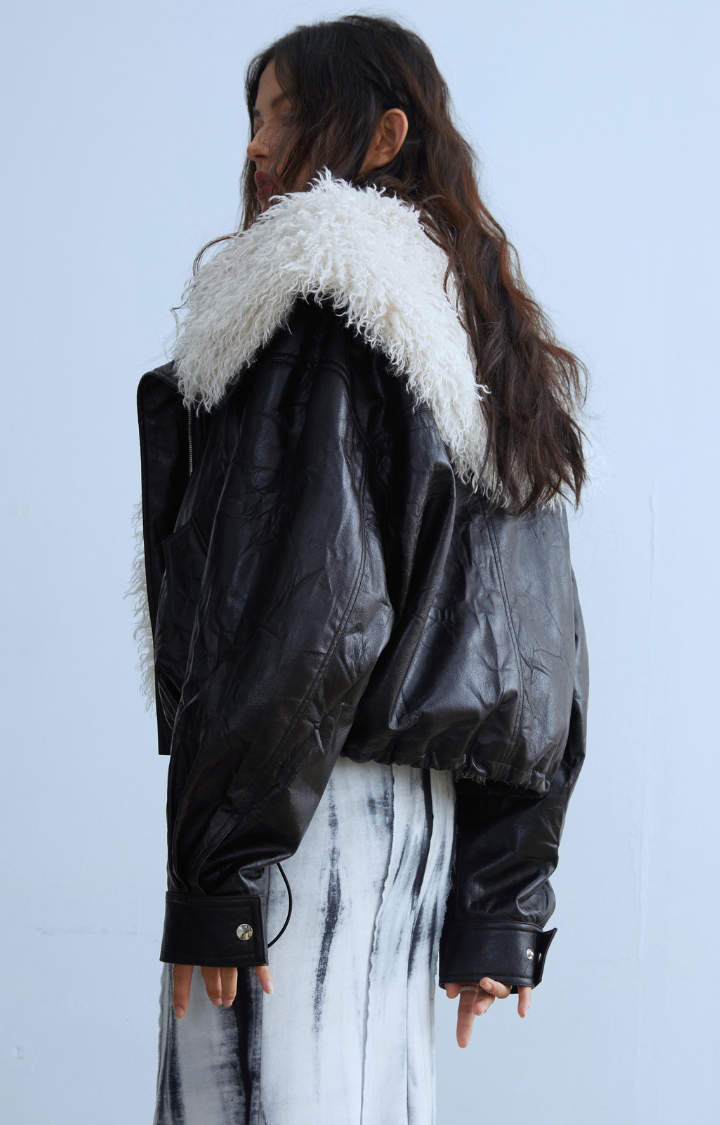 SIBERIAN CHIC DETACHABLE FAUX FUR COLLAR LEATHER JACKET