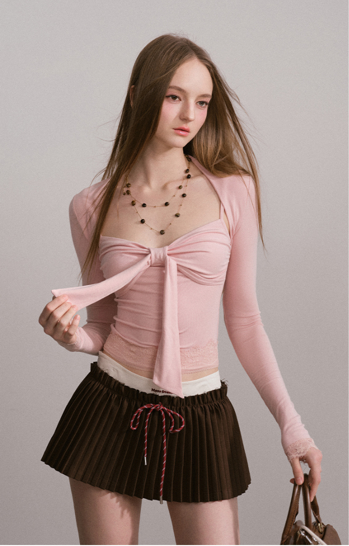 BOW RUCHED CAMI SET IN BABY BLUSH PINK (2 PIECE)