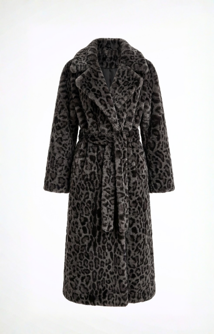 WILD GRACE LEOPARD FAUX FUR MAXI COAT IN GRAY LEOPARD