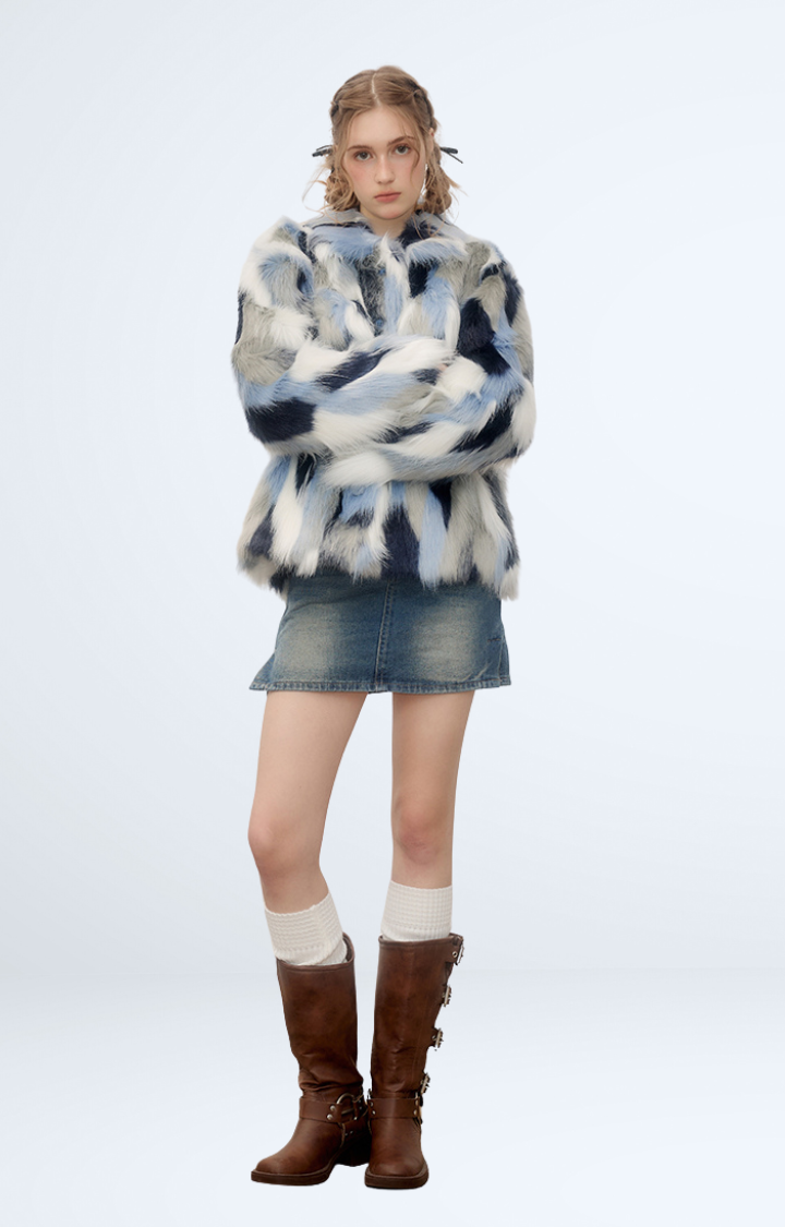 FROSTBITE MIRAGE FAUX FUR JACKET IN WHITE BLUE STORM