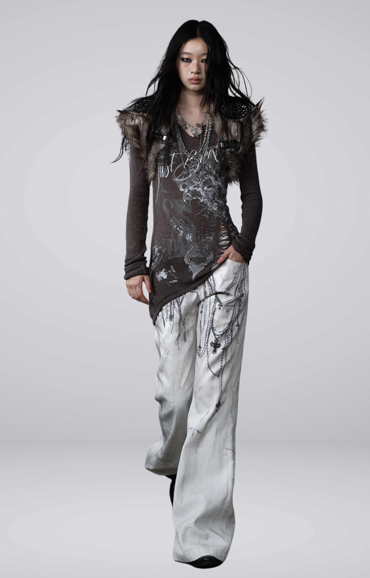 CHAIN GRAFFITI FLARED WIDE-LEG JEANS IN DIRTY WHITE