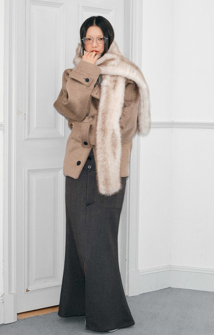 ETHEREAL FADE FAUX FUR LONG SCARF IN  MOCHA FAWN