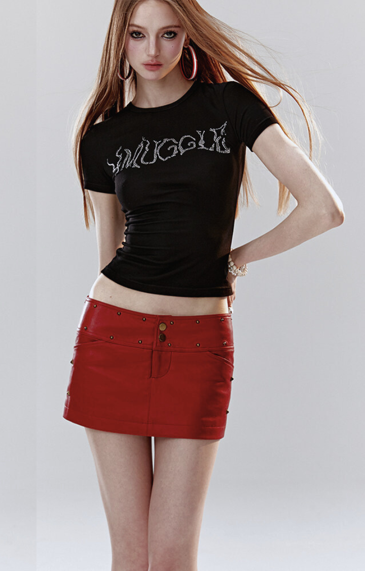 SCARLET TROUBLE STUDDED MICRO SKIRT