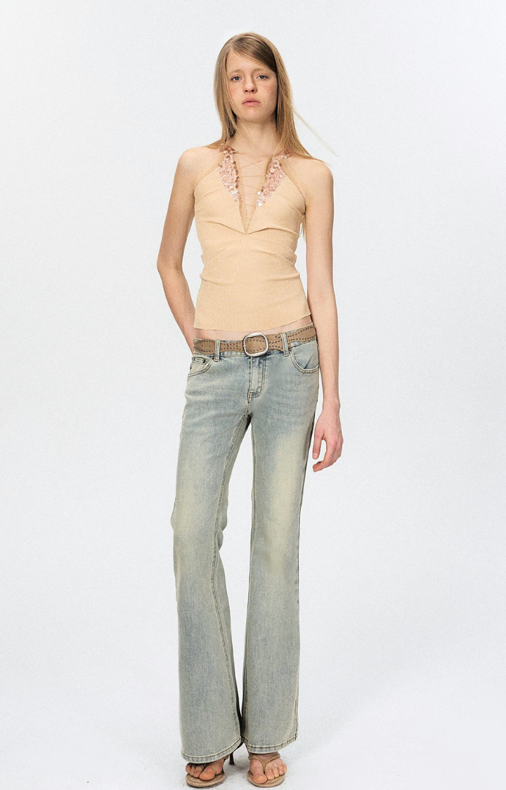 DUSTED MINT LOW-RISE BOOTCUT JEANS