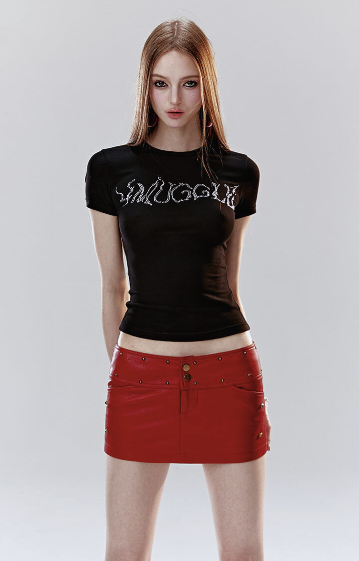 SCARLET TROUBLE STUDDED MICRO SKIRT