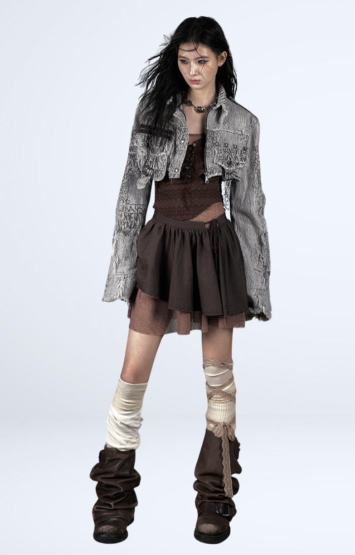 ASH GREY STRIPED RAW EDGE CROPPED JACKET