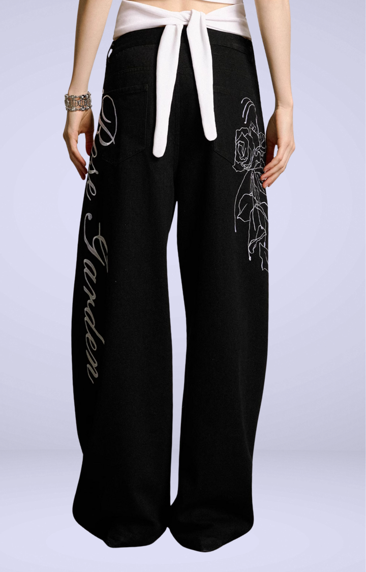 ROSE GARDEN EMBROIDERED WIDE-LEG PANTS