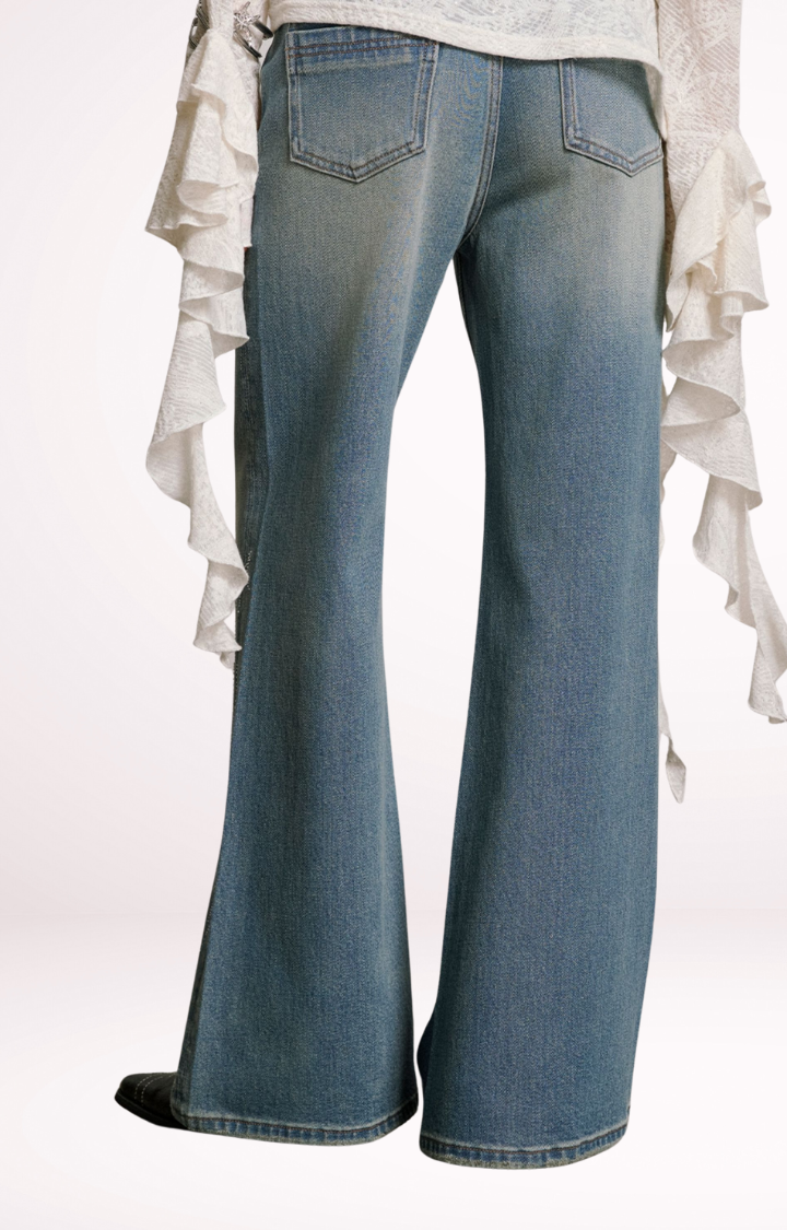 STARDUST RHINESTONE HIGH-WAIST WIDE LEG JEANS IN LIGHT WASH