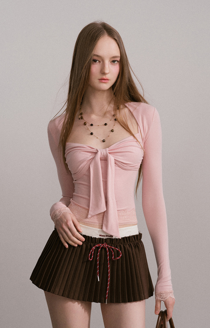 BOW RUCHED CAMI SET IN BABY BLUSH PINK (2 PIECE)