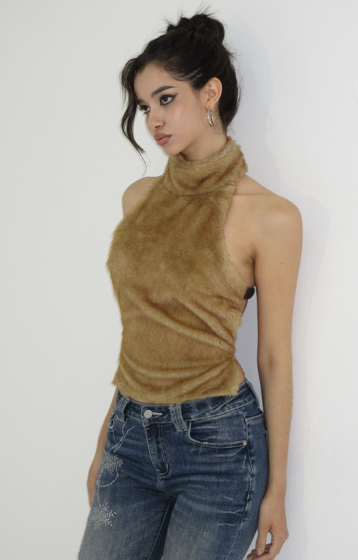 CARAMEL SMOKE FUZZY BACKLESS HALTER TOP