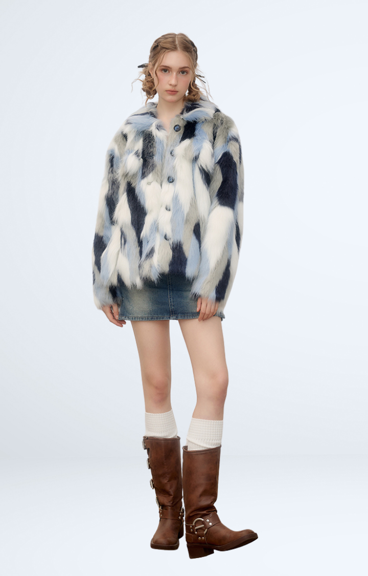 FROSTBITE MIRAGE FAUX FUR JACKET IN WHITE BLUE STORM