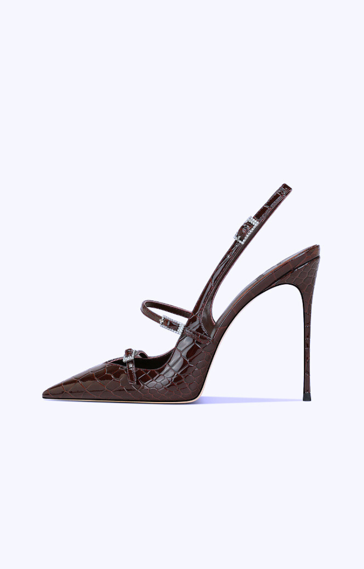BROWN CROC PATENT STILETTO SLINGBACKS