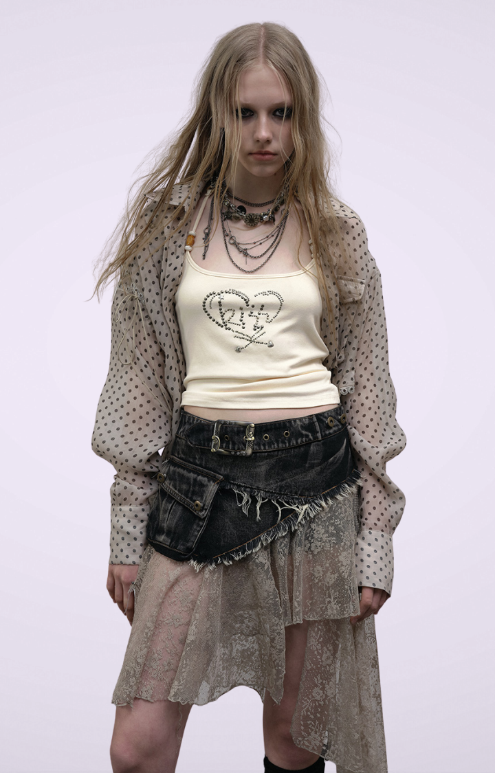 PATCHWORK LACE DISTRESSED DENIM SKIRT-PANTS IN WASHED BLACK