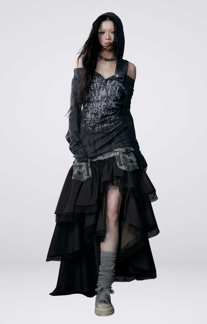 SPLICED CARGO CAKE SKIRT IN DENIM BLACK & ARMY GREEN