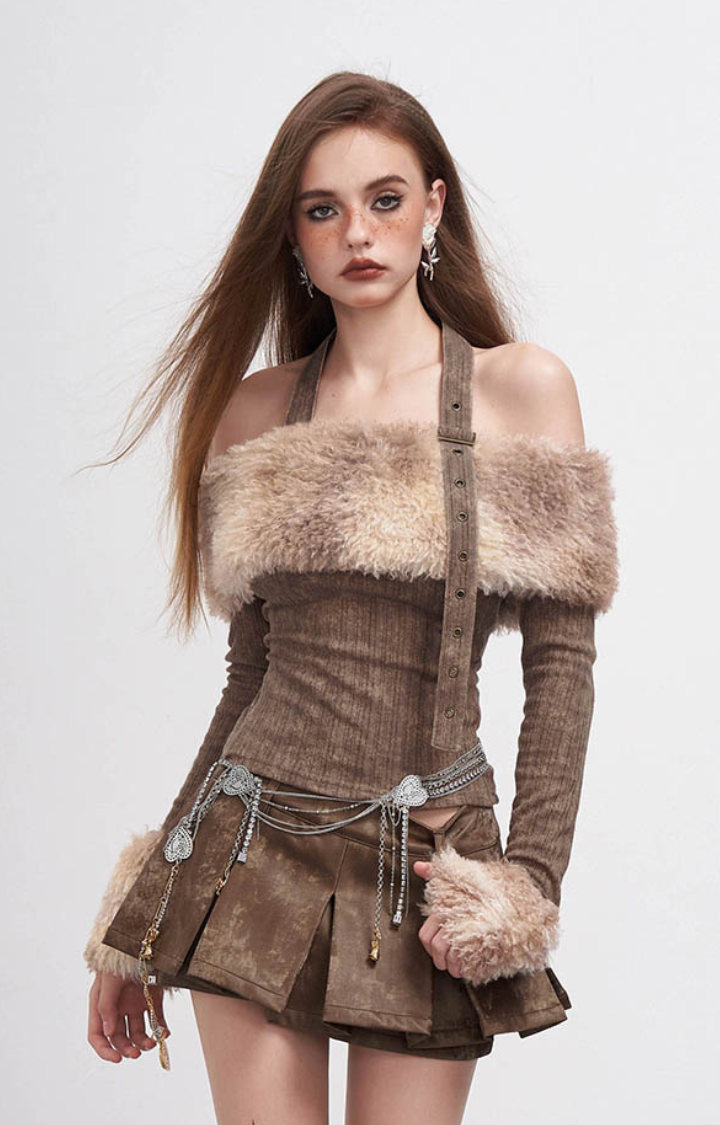 WILD EMBER FUR-TRIM HALTER CORSET TOP