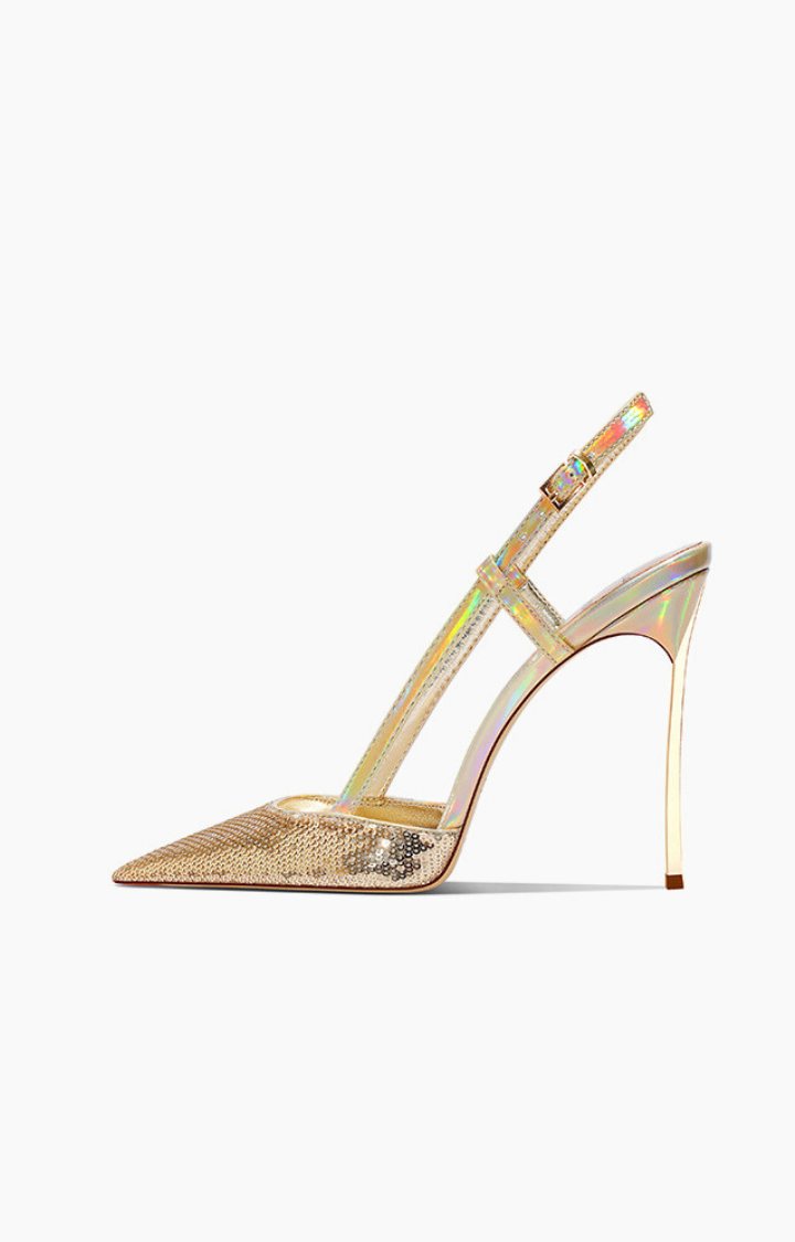 GLITTER BRAT STARLIGHT SLINGBACK STILETTOS IN GOLD RUSH RIOT