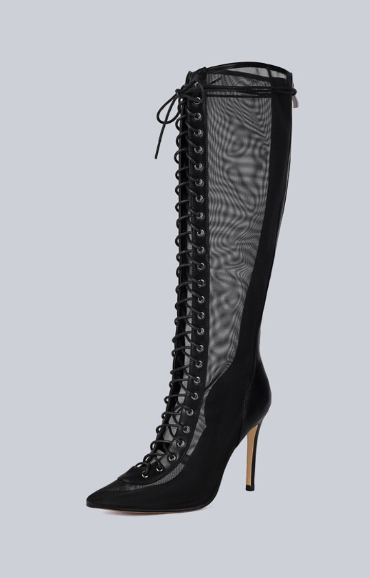 SHEER TEMPTATION MESH LACE-UP STILETTO BOOTS IN MIDNIGHT VEIL