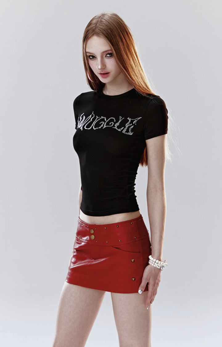 SCARLET TROUBLE STUDDED MICRO SKIRT
