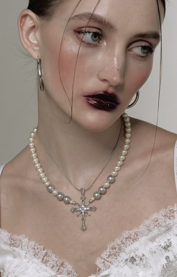 SACRED TENSION PEARL CROSS NECKLACE