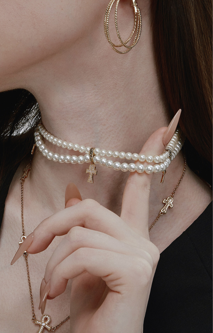 ANKH PEARL CROSS CHOKER