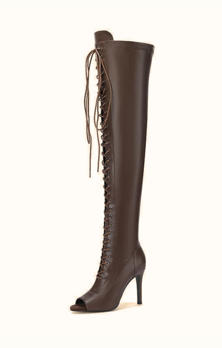 HIGH LACE DRAMA PEEP-TOE THIGH-HIGH BOOTS IN COCOA DUST