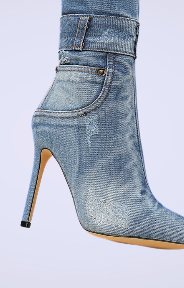BLEACHED VENOM WASHED DENIM KNEE BOOTS