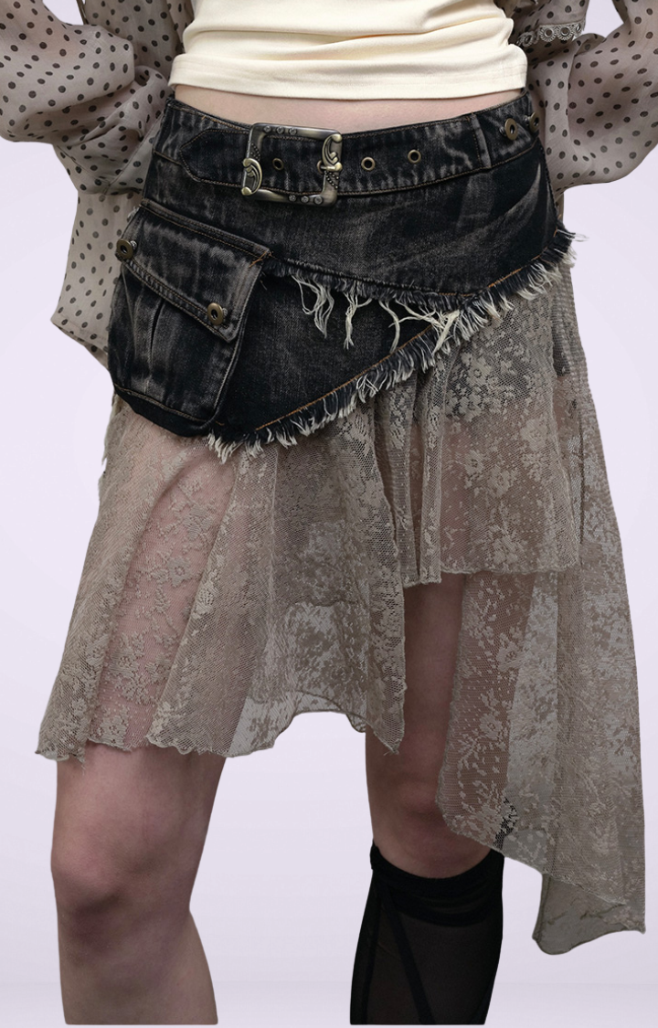 PATCHWORK LACE DISTRESSED DENIM SKIRT-PANTS IN WASHED BLACK