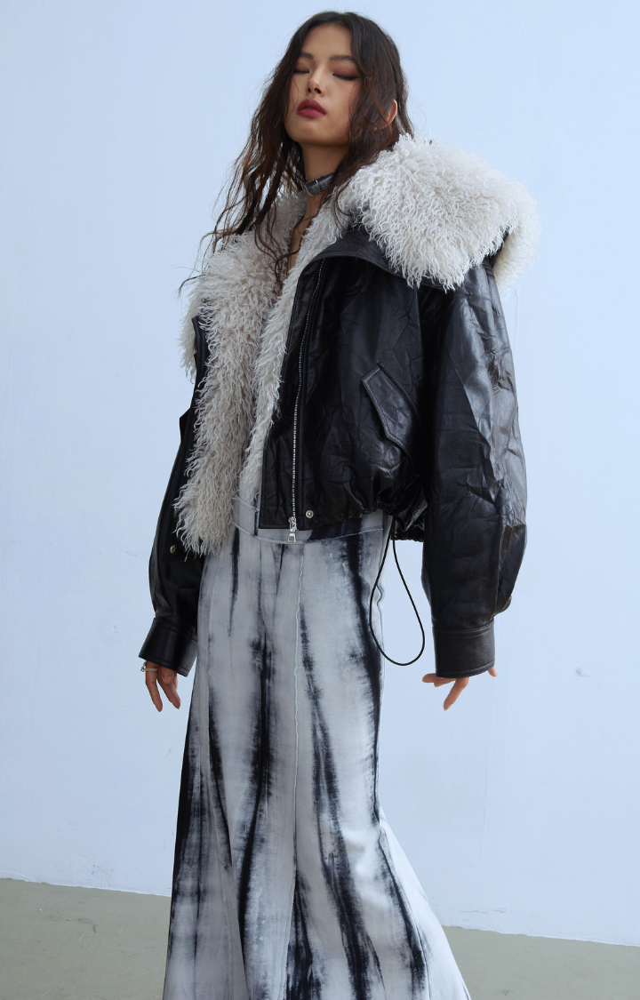 SIBERIAN CHIC DETACHABLE FAUX FUR COLLAR LEATHER JACKET