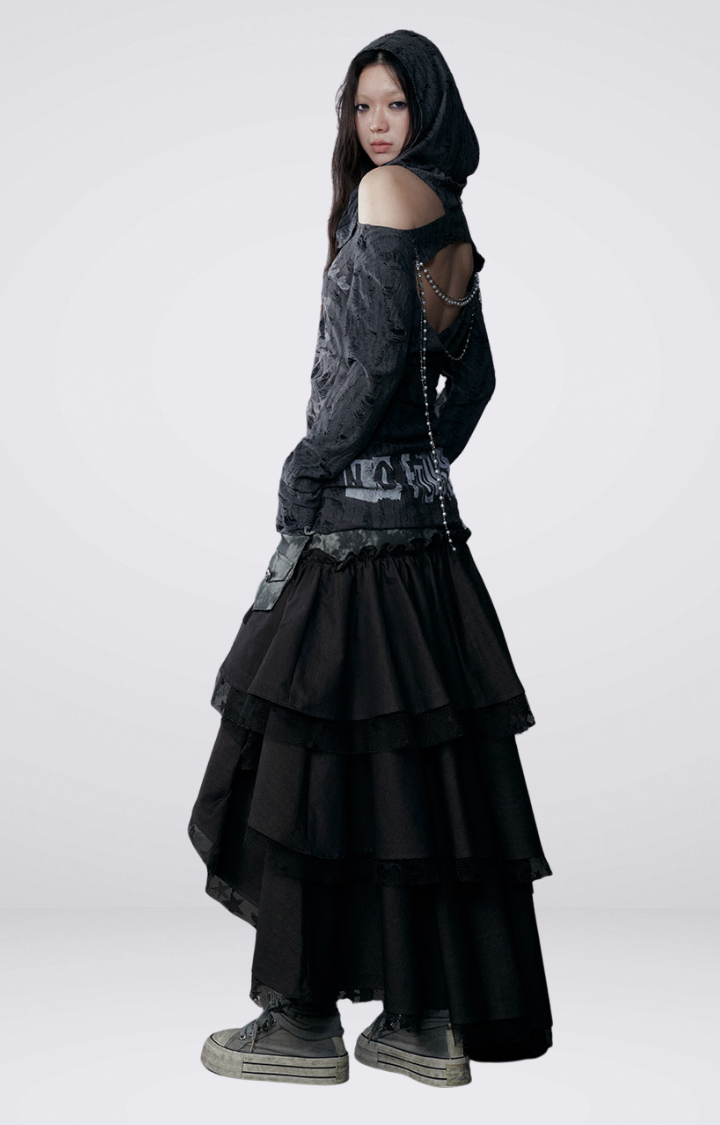 SPLICED CARGO CAKE SKIRT IN DENIM BLACK & ARMY GREEN