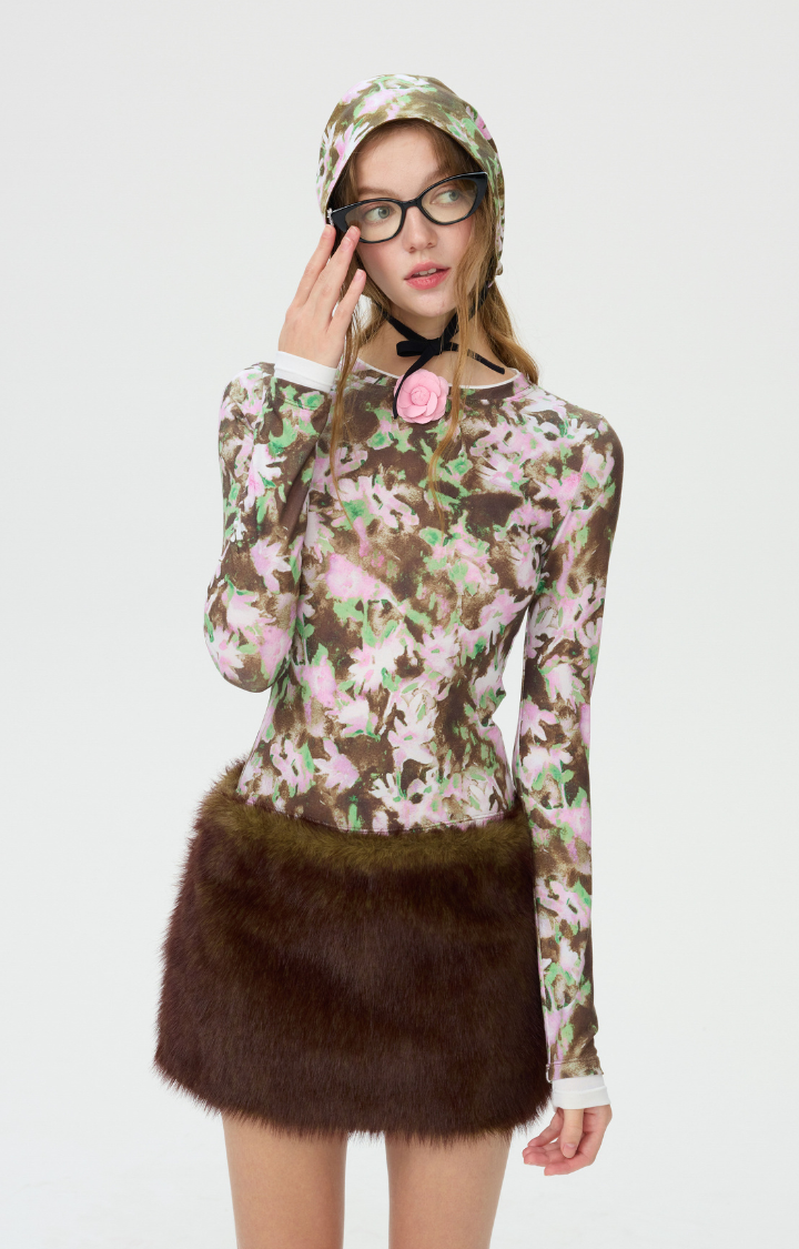 PRINTED FAUX-LAYER LONGSLEEVE TOP IN NCHANTED ROSE GARDEN