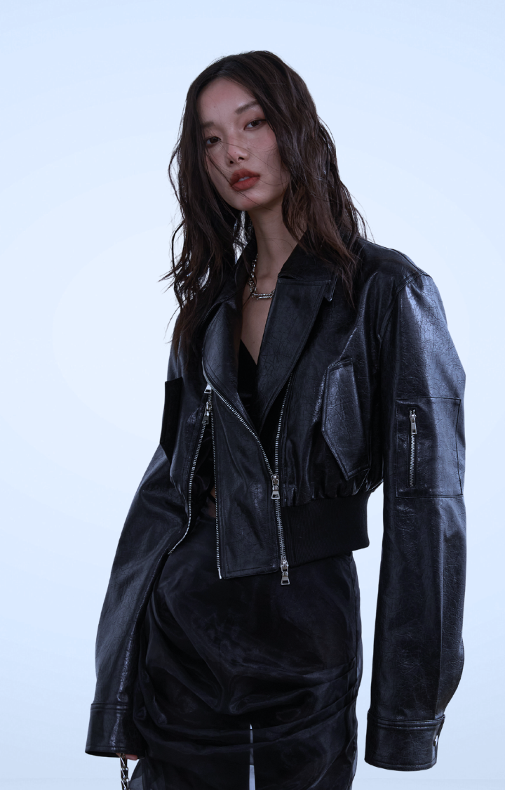DECONSTRUCTED ZIPPER DETAIL PU LEATHER MOTO JACKET