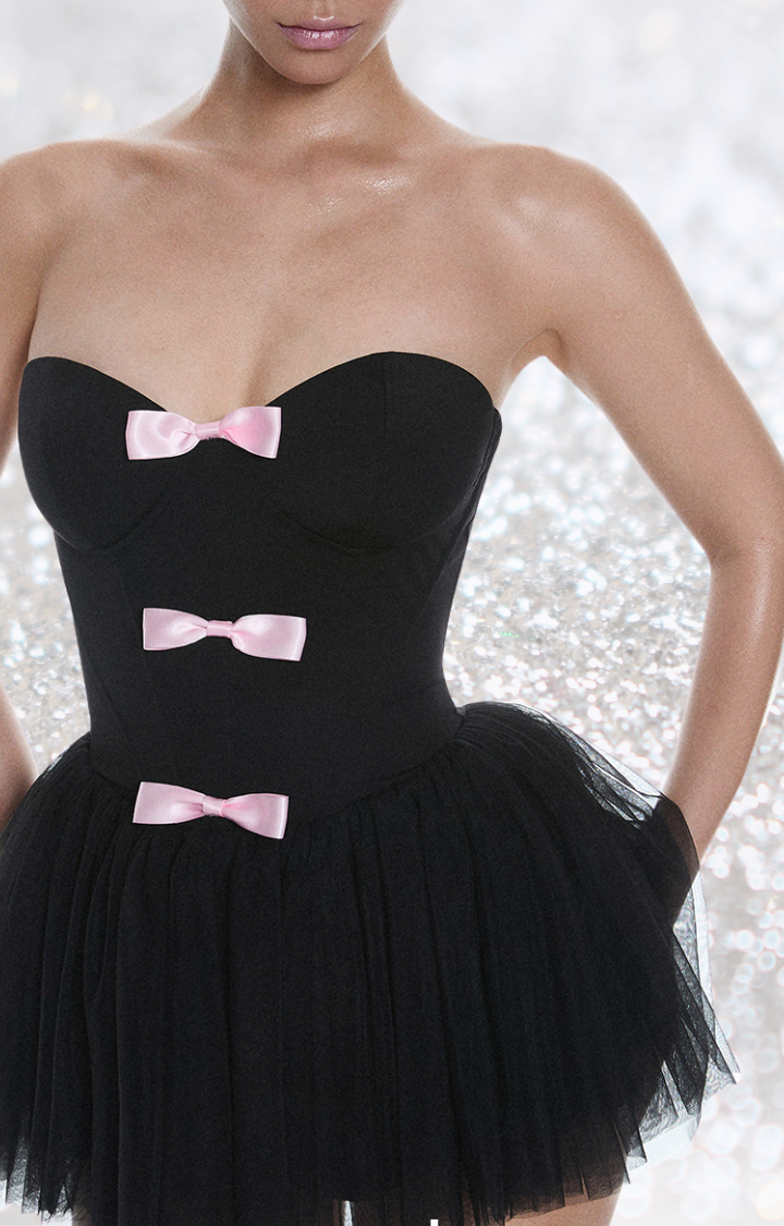 MIDNIGHT BOWS STRAPLESS TULLE MINI DRESS
