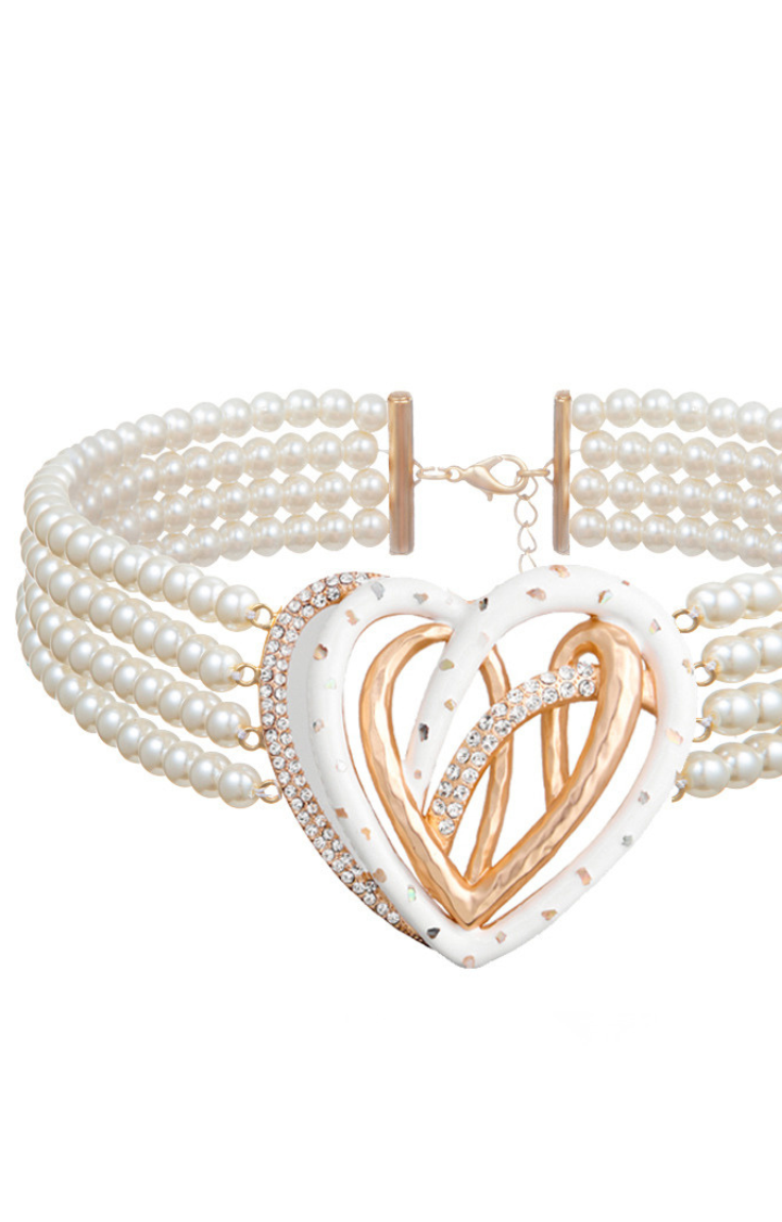 LOCKED IN PEARLS MULTI-LAYER HEART CHOKER