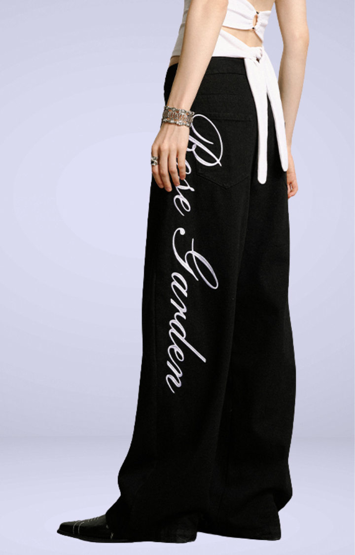 ROSE GARDEN EMBROIDERED WIDE-LEG PANTS