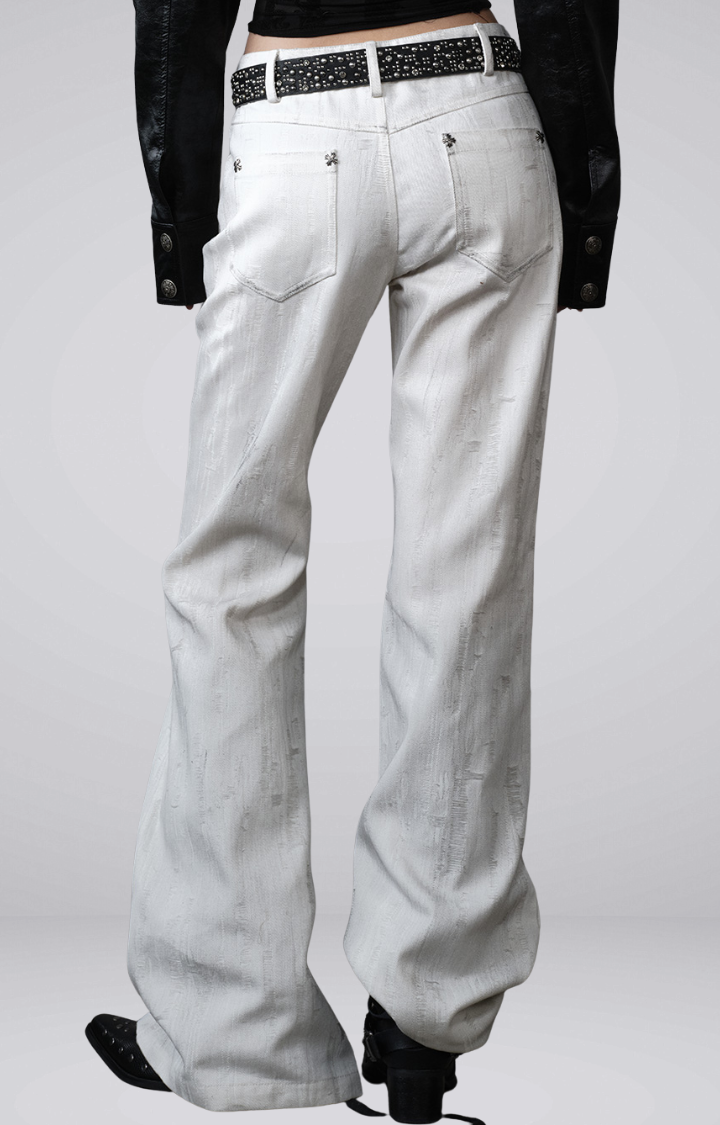 CHAIN GRAFFITI FLARED WIDE-LEG JEANS IN DIRTY WHITE