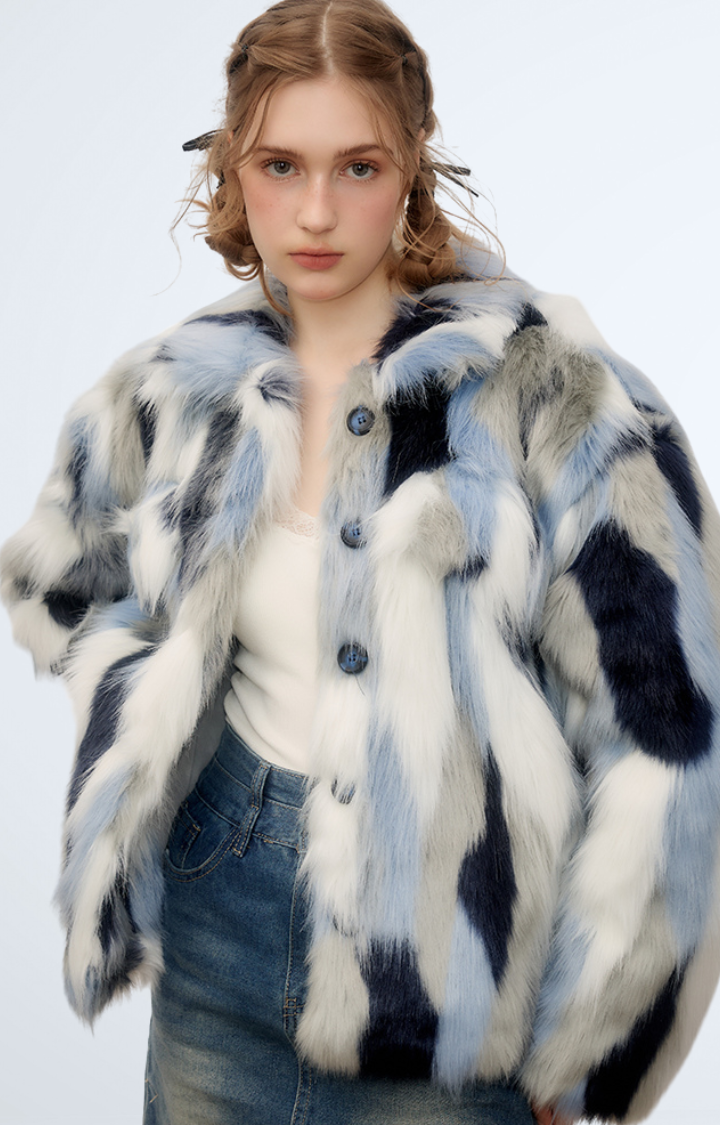 FROSTBITE MIRAGE FAUX FUR JACKET IN WHITE BLUE STORM