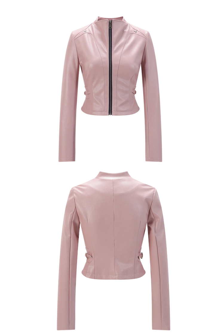 RIOT CANDY CROPPED MOTO JACKET IN BLUSH PINK