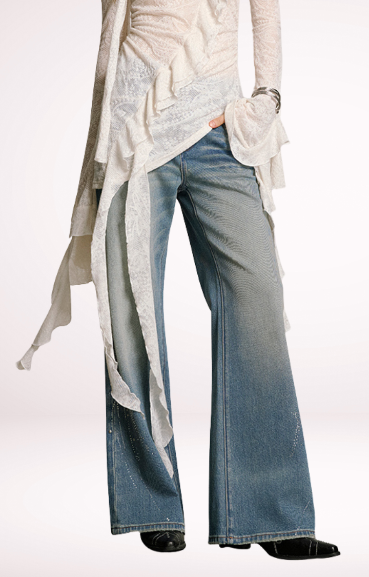 STARDUST RHINESTONE HIGH-WAIST WIDE LEG JEANS IN LIGHT WASH