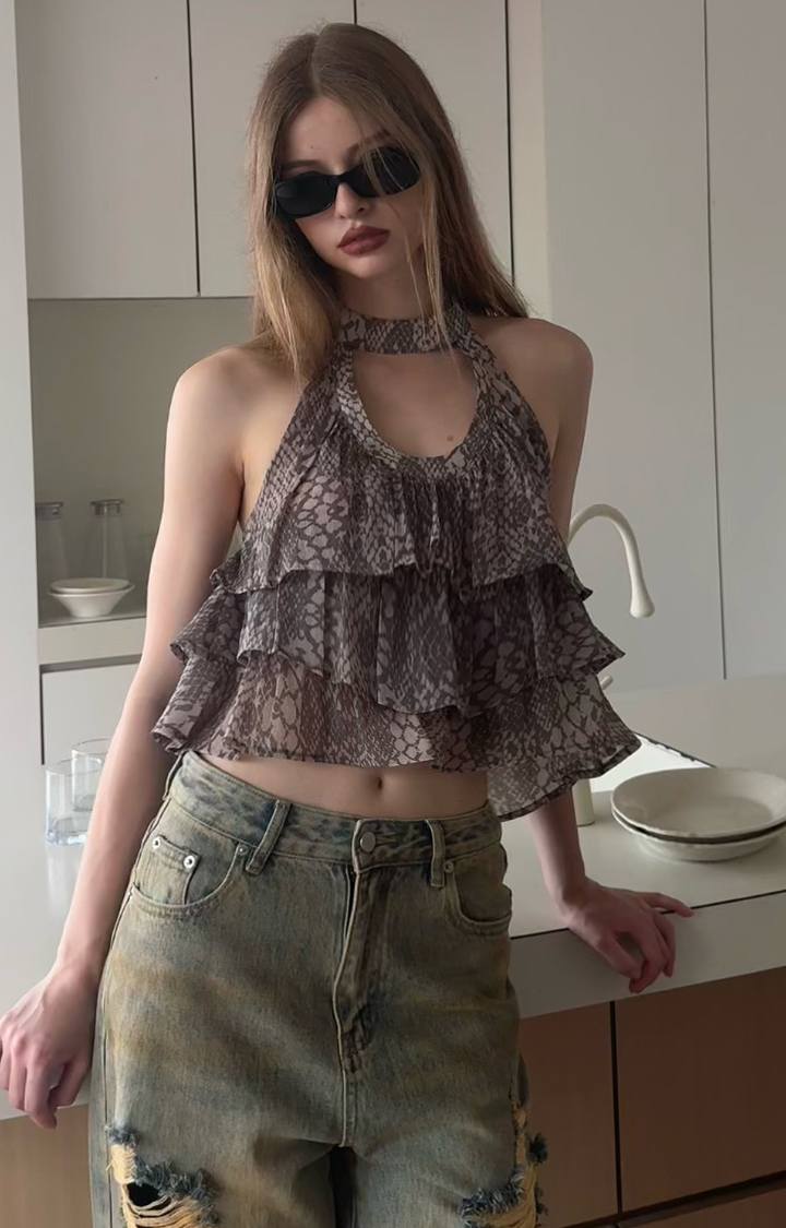 SNAKE PATTERN LAYERED RUFFLE CROP TOP