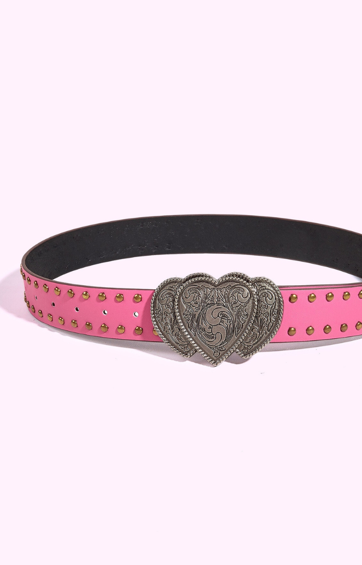 TRIPLE HEART STUDDED BELT - HOT BRAT PINK