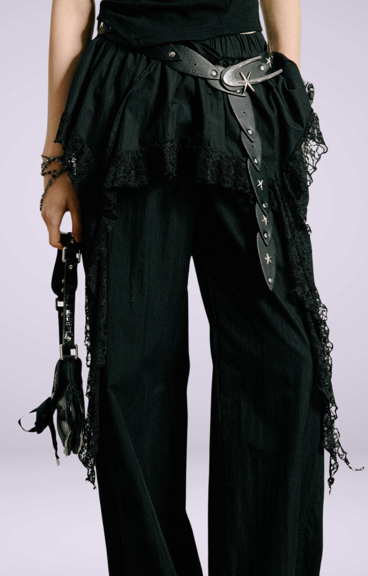 LACE TIERED SKIRT CARGO PANTS IN GOTHIC REBEL LACE