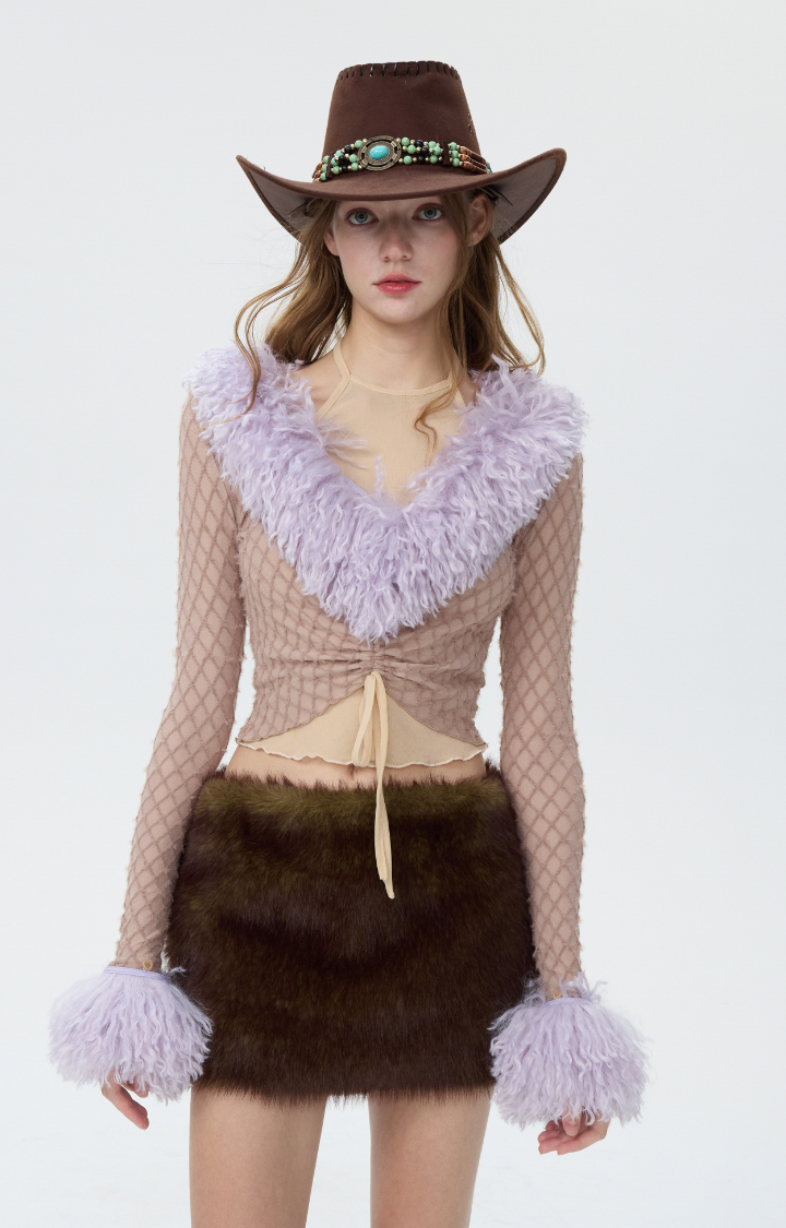 FAUX-FUR LOW-RISE MINI SKIRT IN FOREST-MOSS BLEND