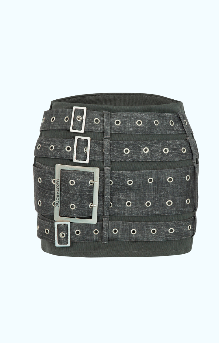 TRUE LOVE SUCKS  TRIPLE BUCKLE PUNK MINI SKIRT IN DEEP ASH CHARCOAL
