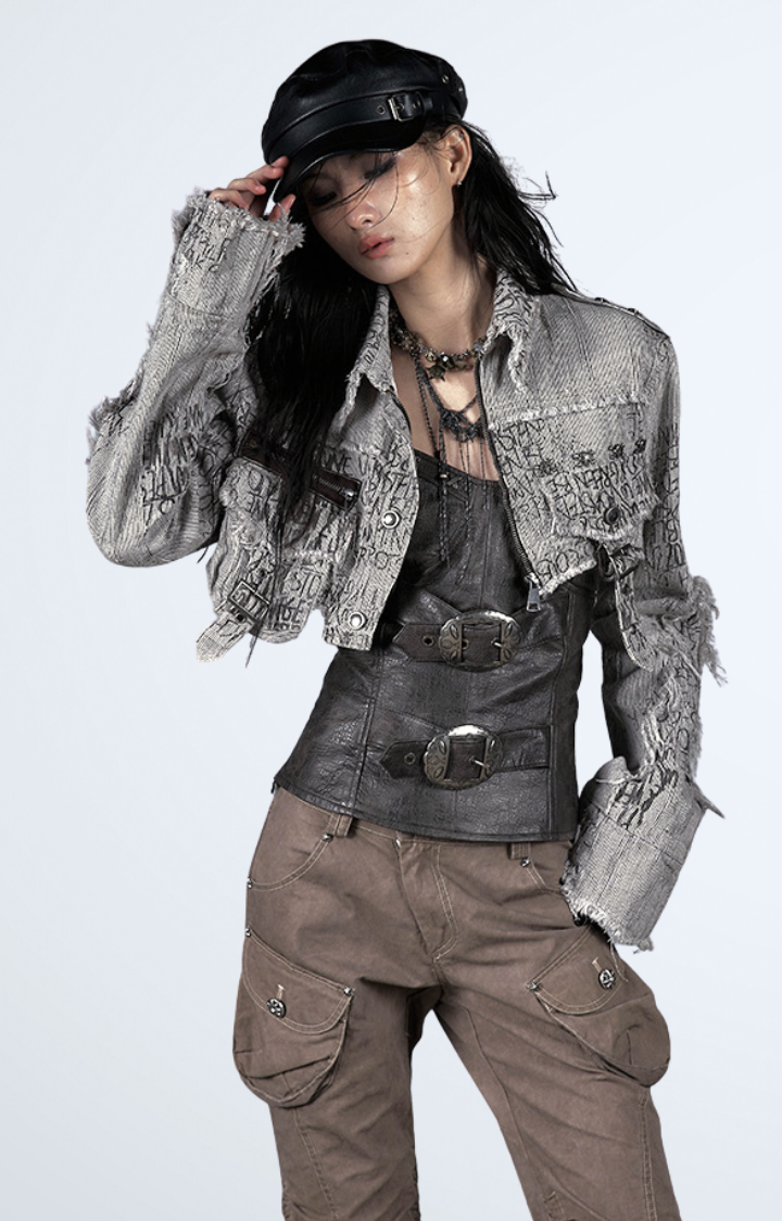 ASH GREY STRIPED RAW EDGE CROPPED JACKET
