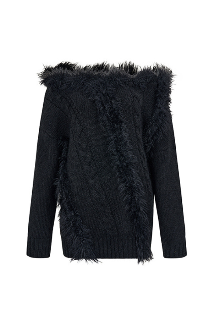 FUZZY TEMPTATION OFF-SHOULDER KNIT TOP IN NIGHT FOG BLACK