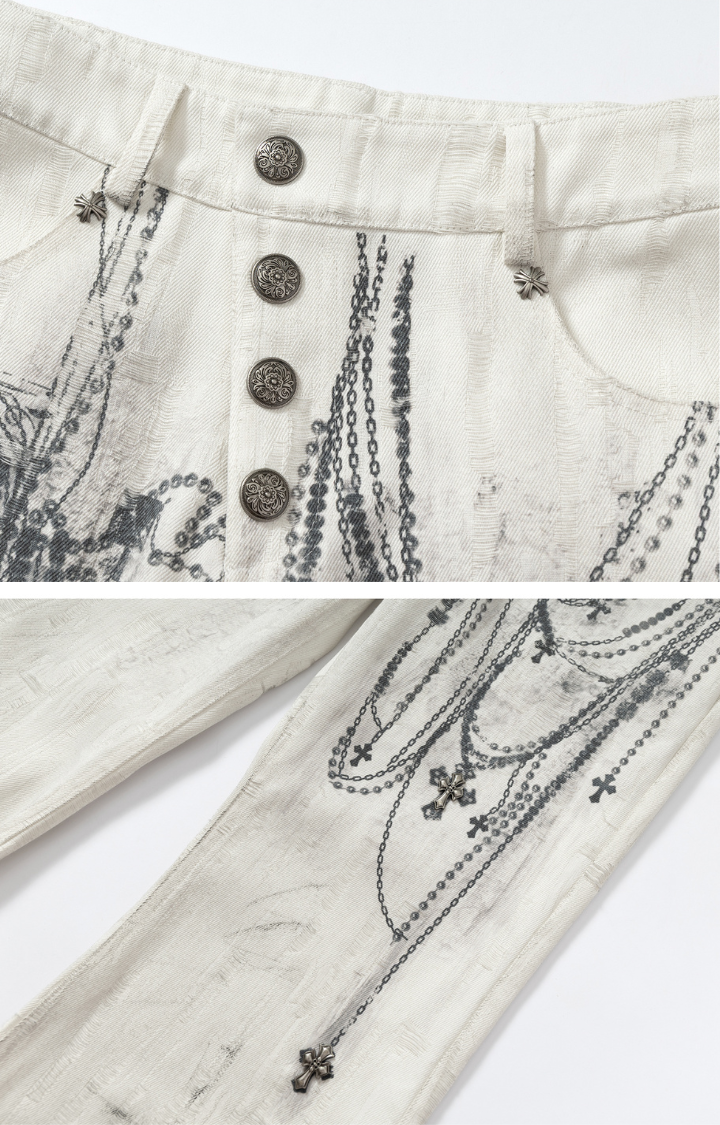 CHAIN GRAFFITI FLARED WIDE-LEG JEANS IN DIRTY WHITE